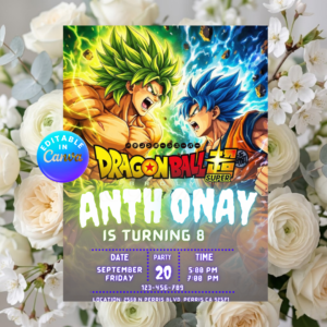 dragon ballz prince vageta ultra ego birthday invitation, dragon ball invite, kids party, vegeta dbz phone evite, editable instant download.